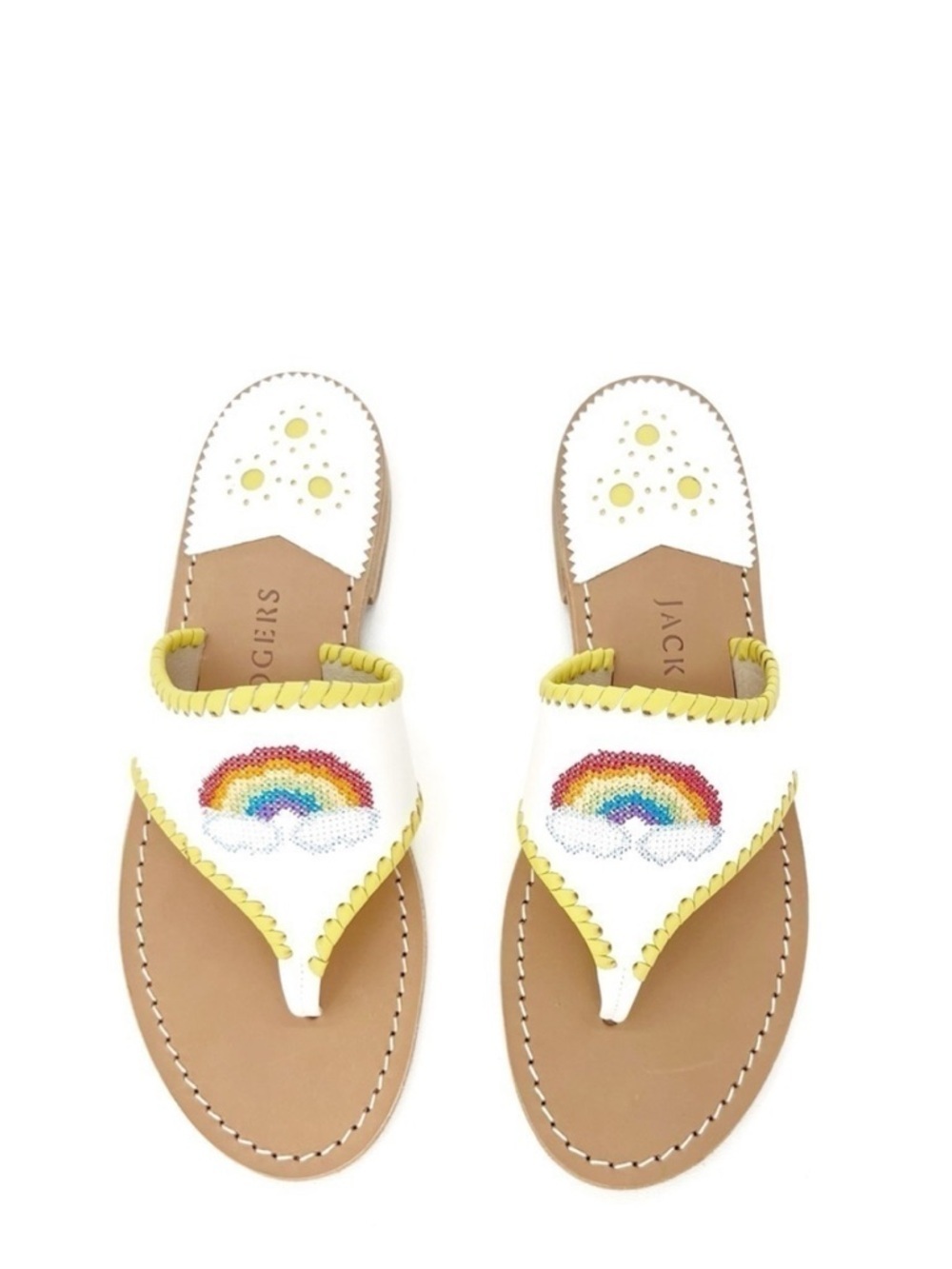 Jack Rogers Embroidered Sandals Rainbow & Clouds Size 7 White Yellow Thong New